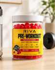 Riva Pre-Workout Gummies from three angles with Supplement Facts