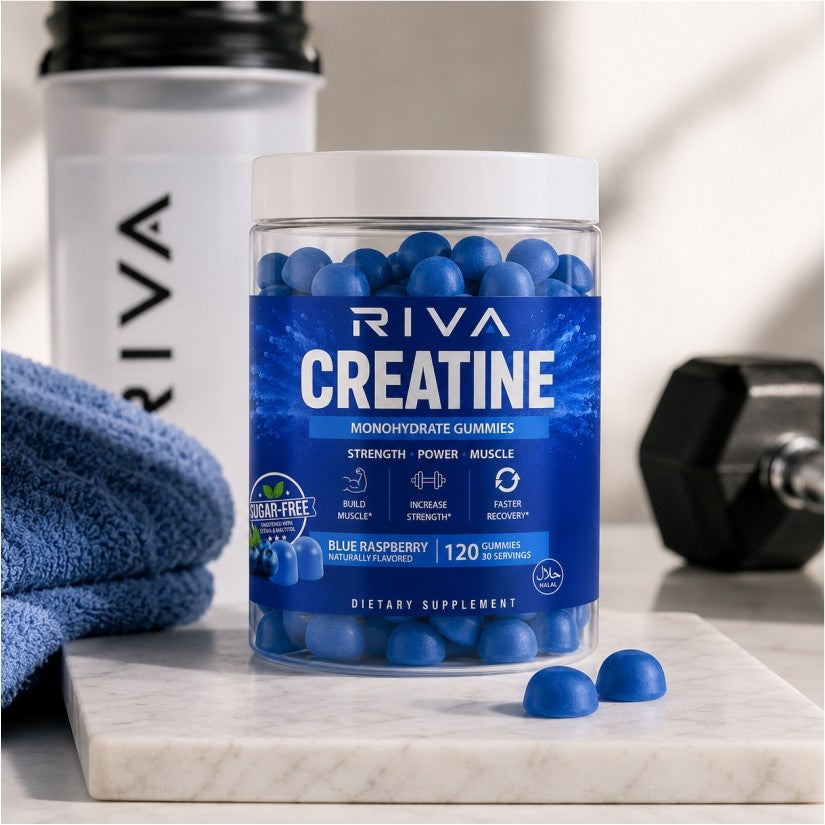 Riva Creatine Gummies bottle from three angles with Supplement Facts