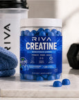 Riva Creatine Gummies bottle from three angles with Supplement Facts