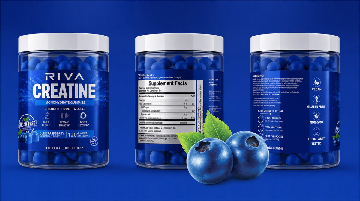 Riva Creatine Gummies on a gym bench with a shaker and dumbbell