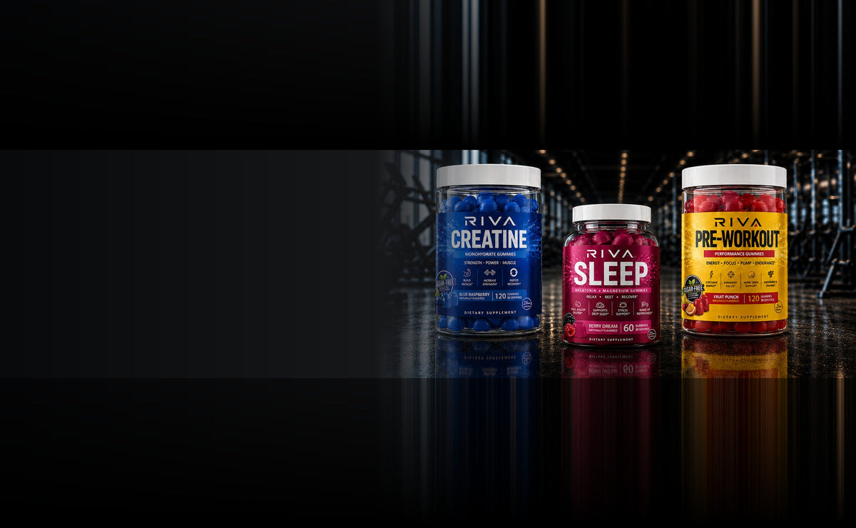 Riva Creatine, Sleep and Pre-Workout gummies lined up in a gym