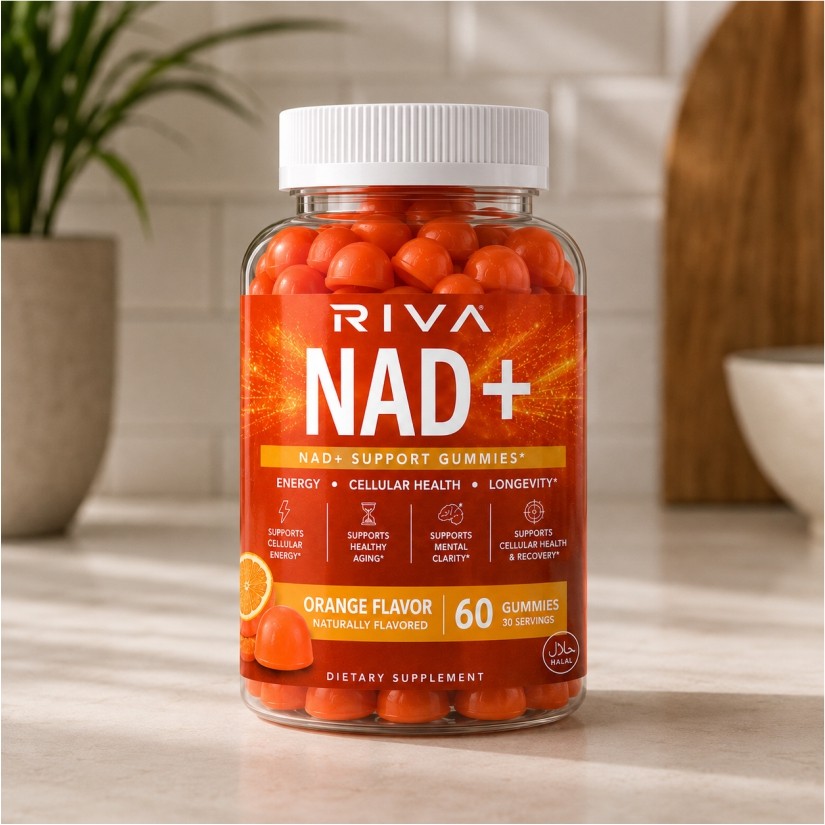 Riva NAD+ Gummies from three angles with Supplement Facts