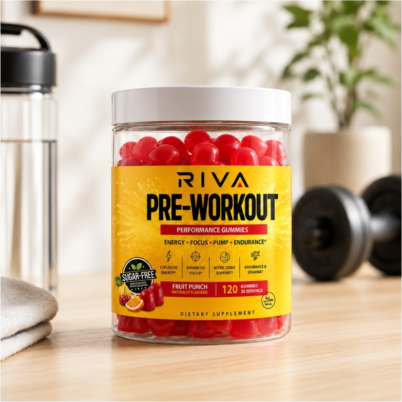 Riva Pre-Workout Gummies from three angles with Supplement Facts