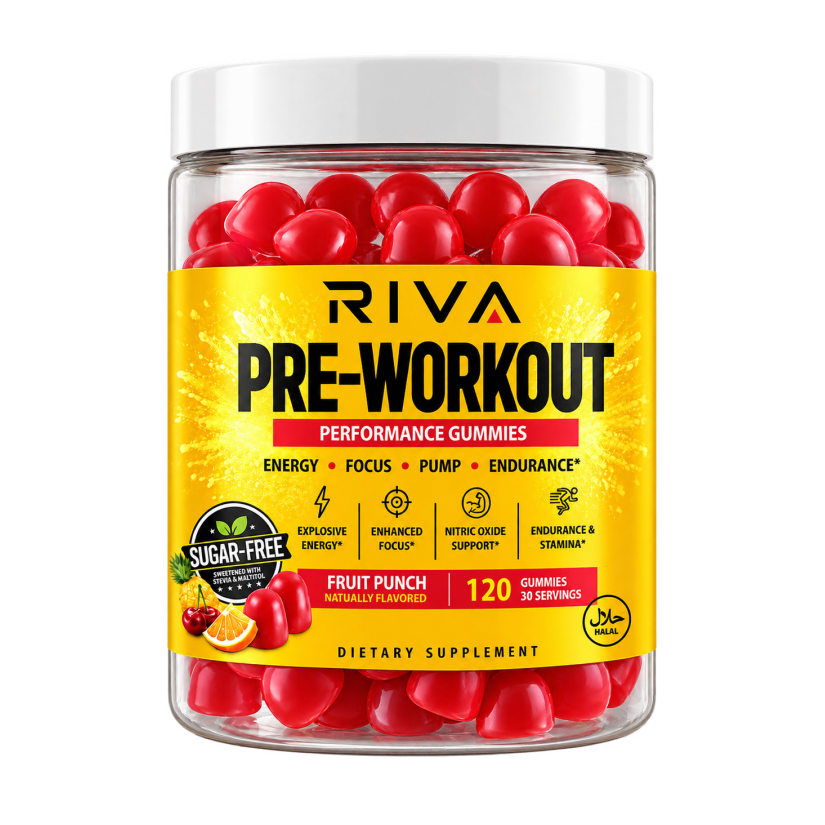 Riva Pre-Workout Gummies bottle on a transparent background
