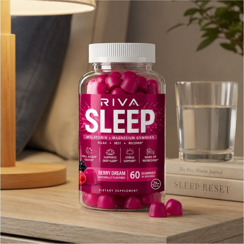 Riva Sleep Gummies from three angles with Supplement Facts