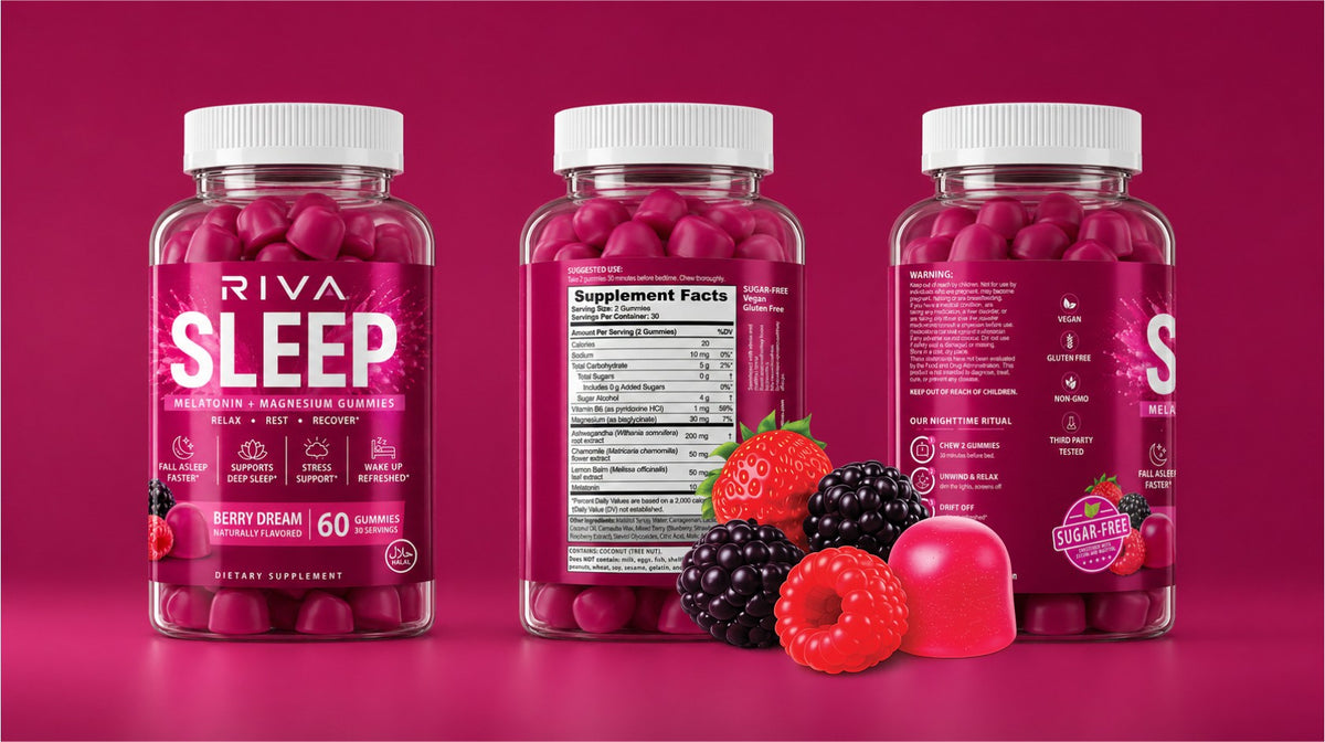 Riva Sleep Gummies on a bedside table
